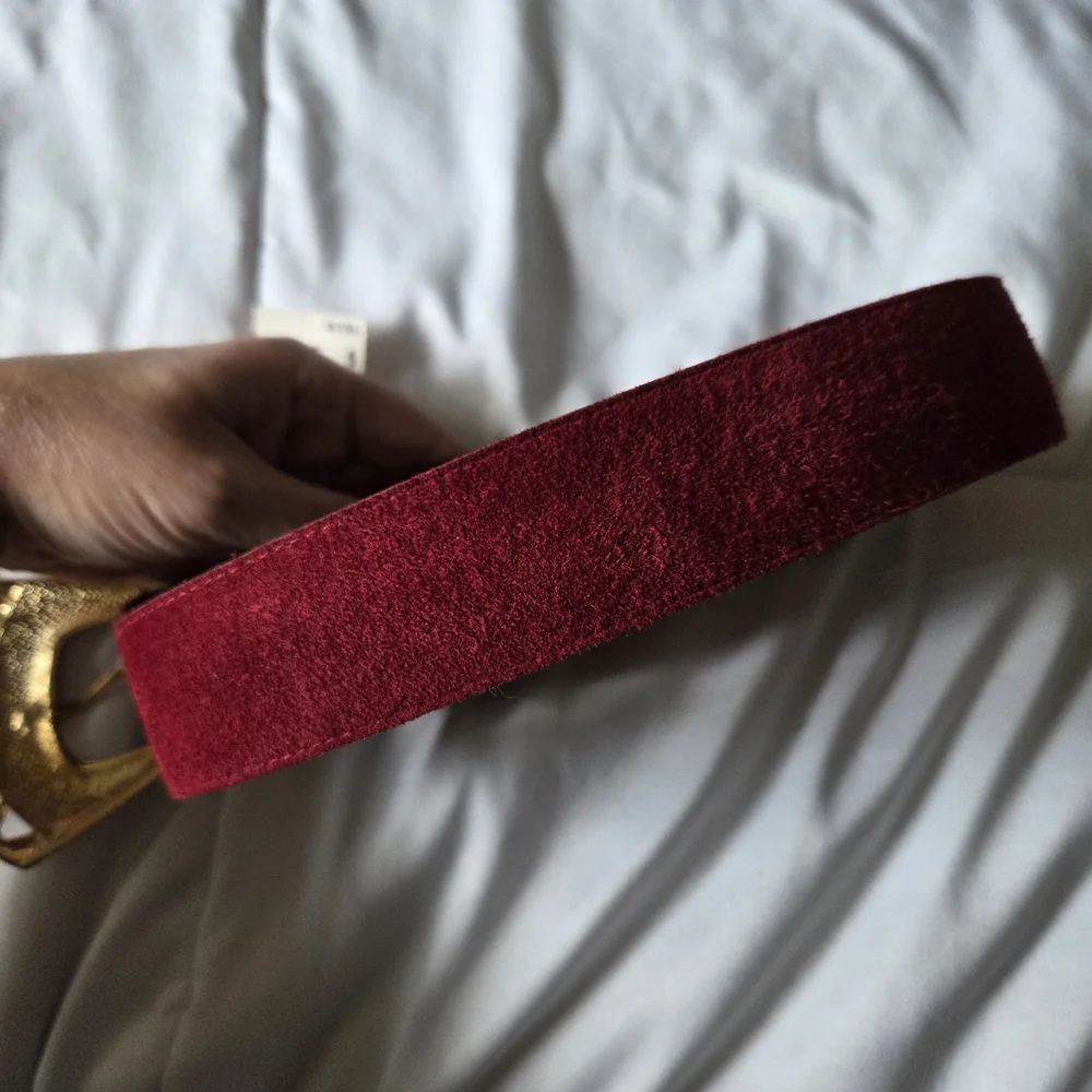 New Old Stock - Genuine Suede Vintage 90s Red Belt with Gold Buckle